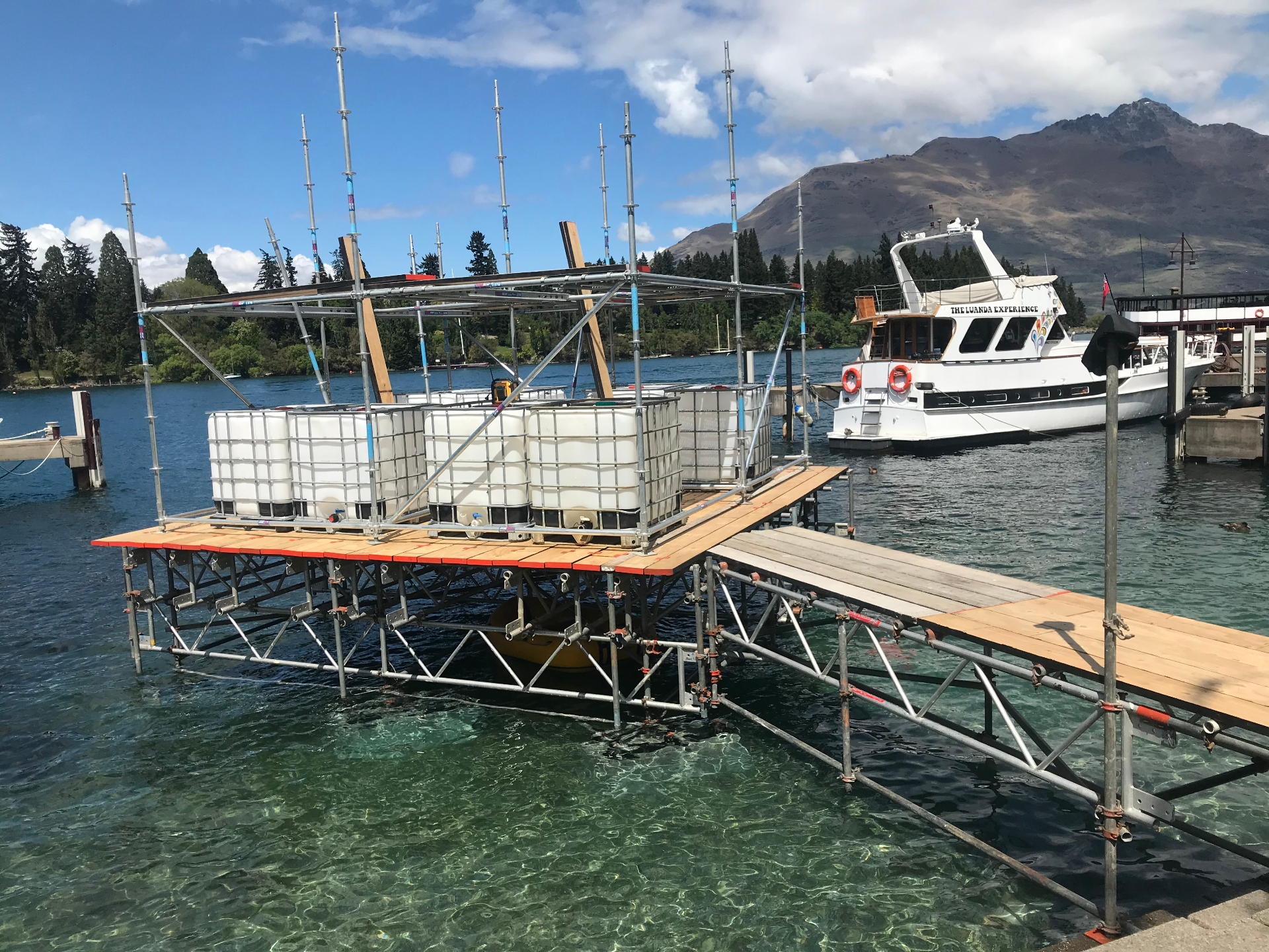 Floating scaffold platform on the lake in Queenstown Bay