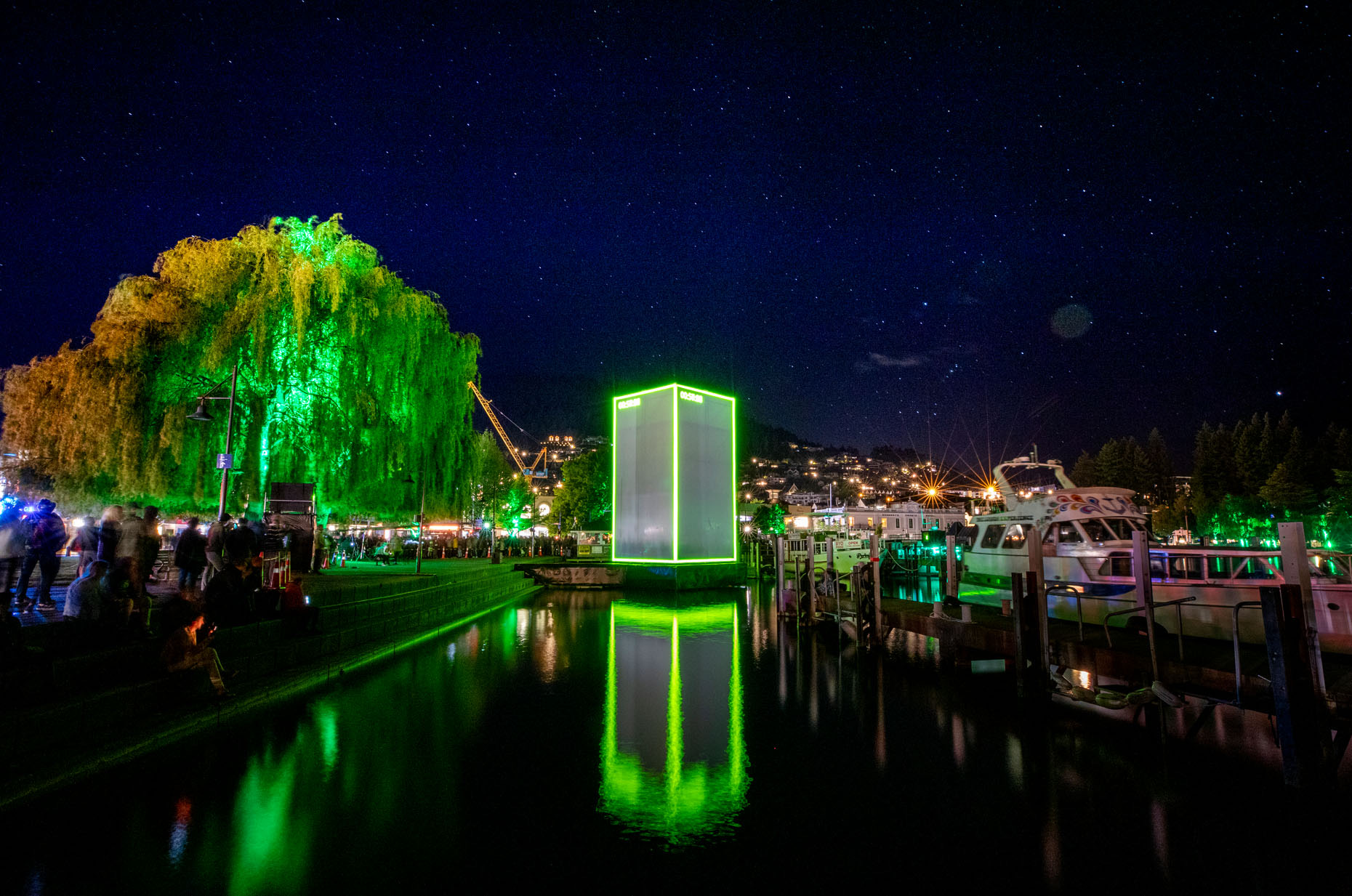 The lit Xbox launch structure built by Mana Scaffolding on Lake Wakatipu