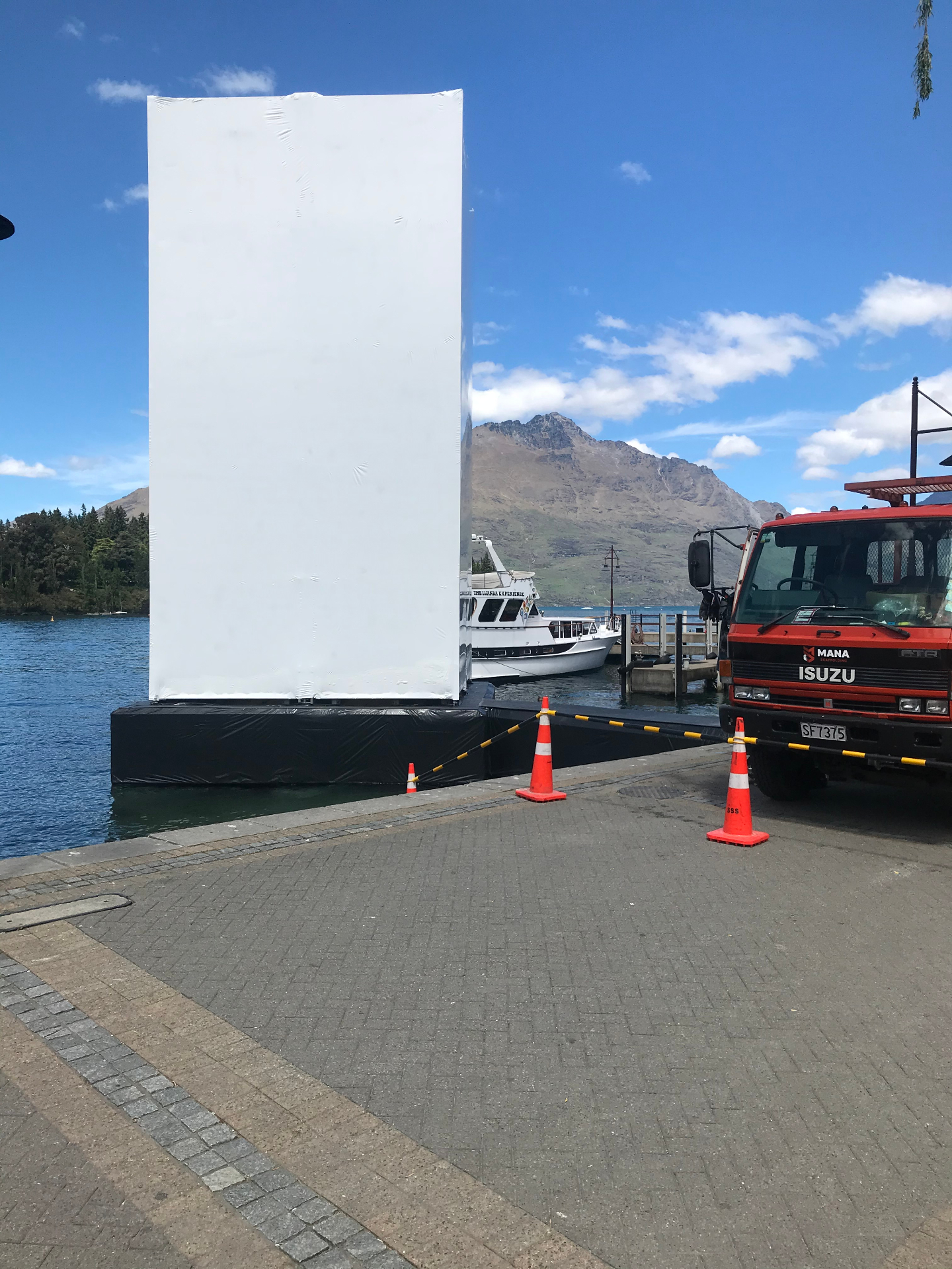 Wrapped X-Box ready for projection in Queenstown Wharf